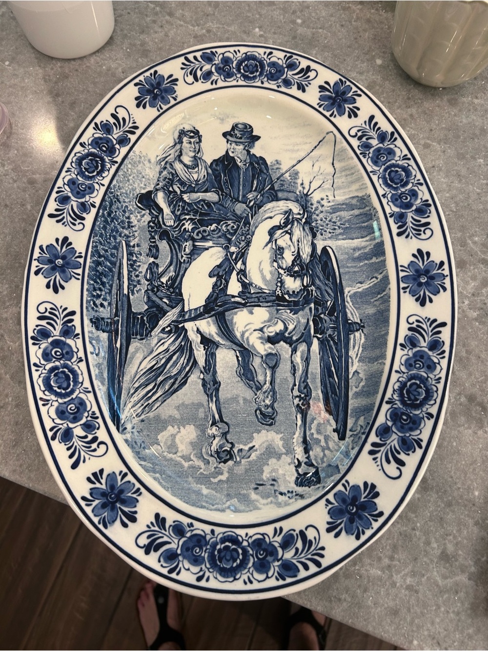 Blue & White Ceramic Horse and Carriage Decorative Plate